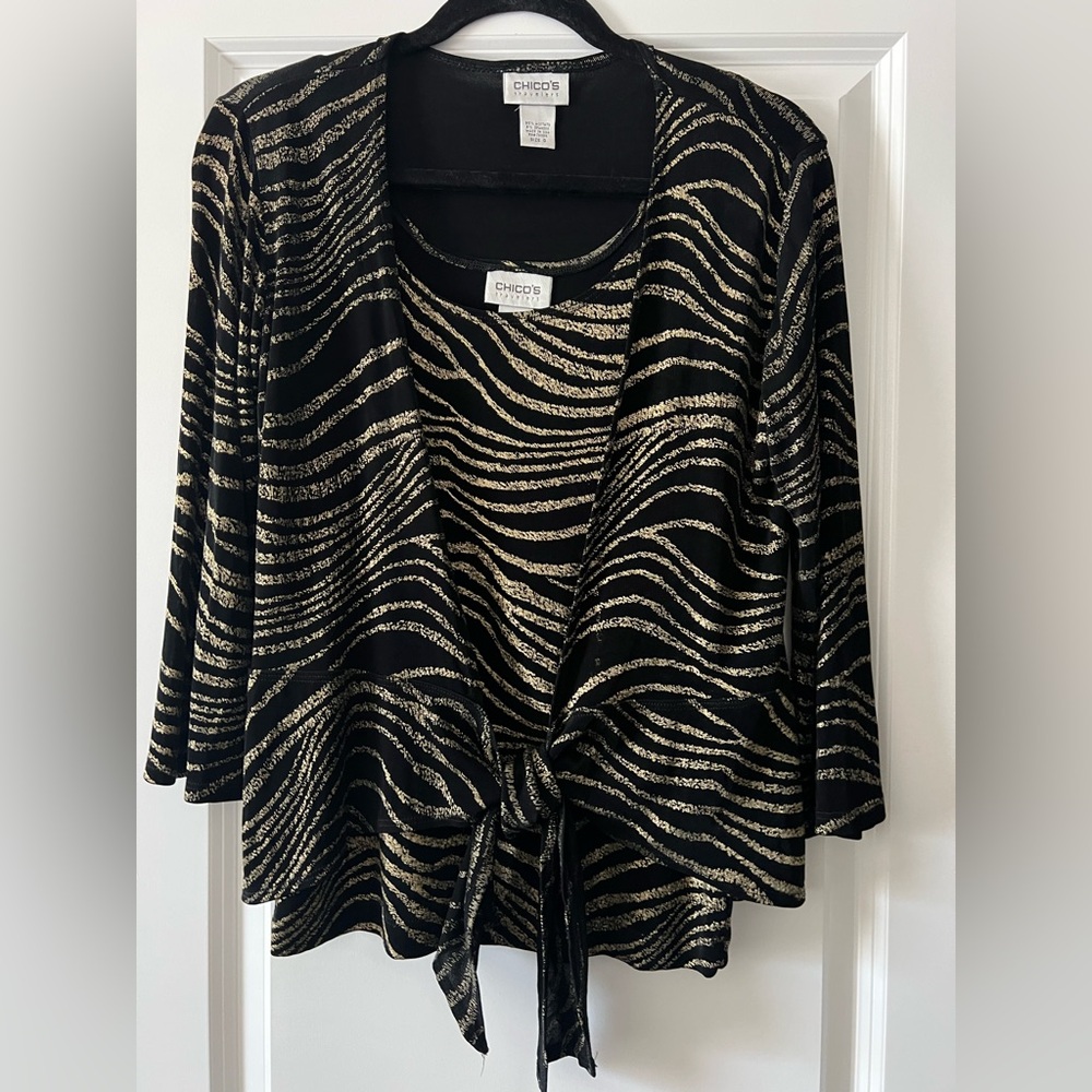 Chico's Travelers Black and Gold Striped Cardigan and Tank